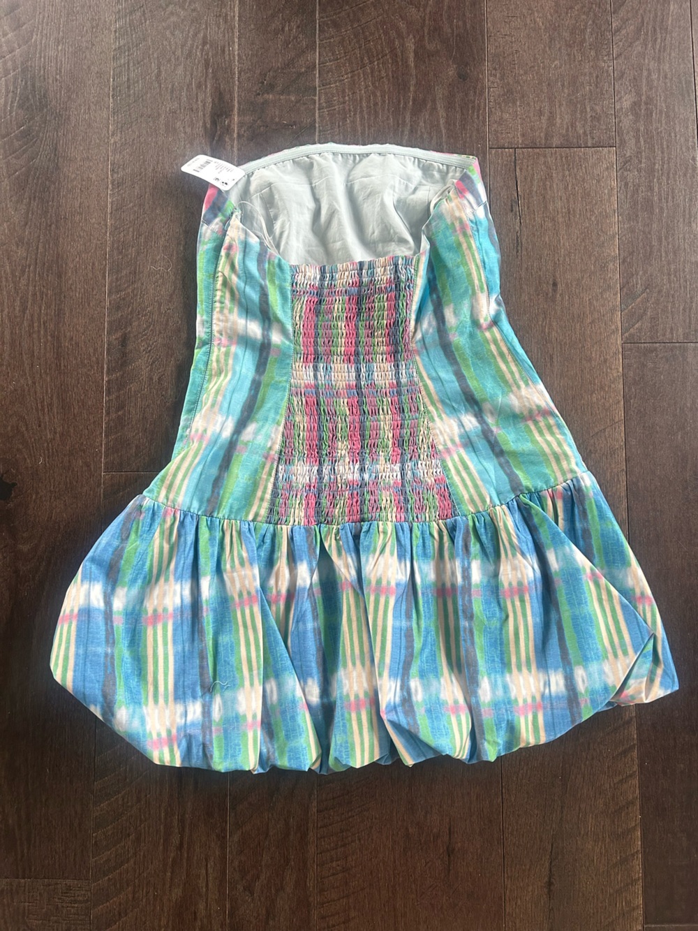 Free People Strapless Plaid Ruffle-Hem Mini Dress in Blue, Pink & Green - Picture 3 of 4